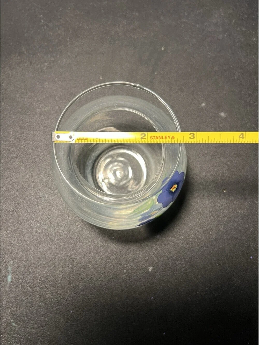 Vintage 1980s Clear Glass Blue Pansy Floral Posy Bud Vase, 2.75x4.5”
